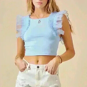 LIGHT BLUE - ORGANZA RUFFLE CROPPED TOP